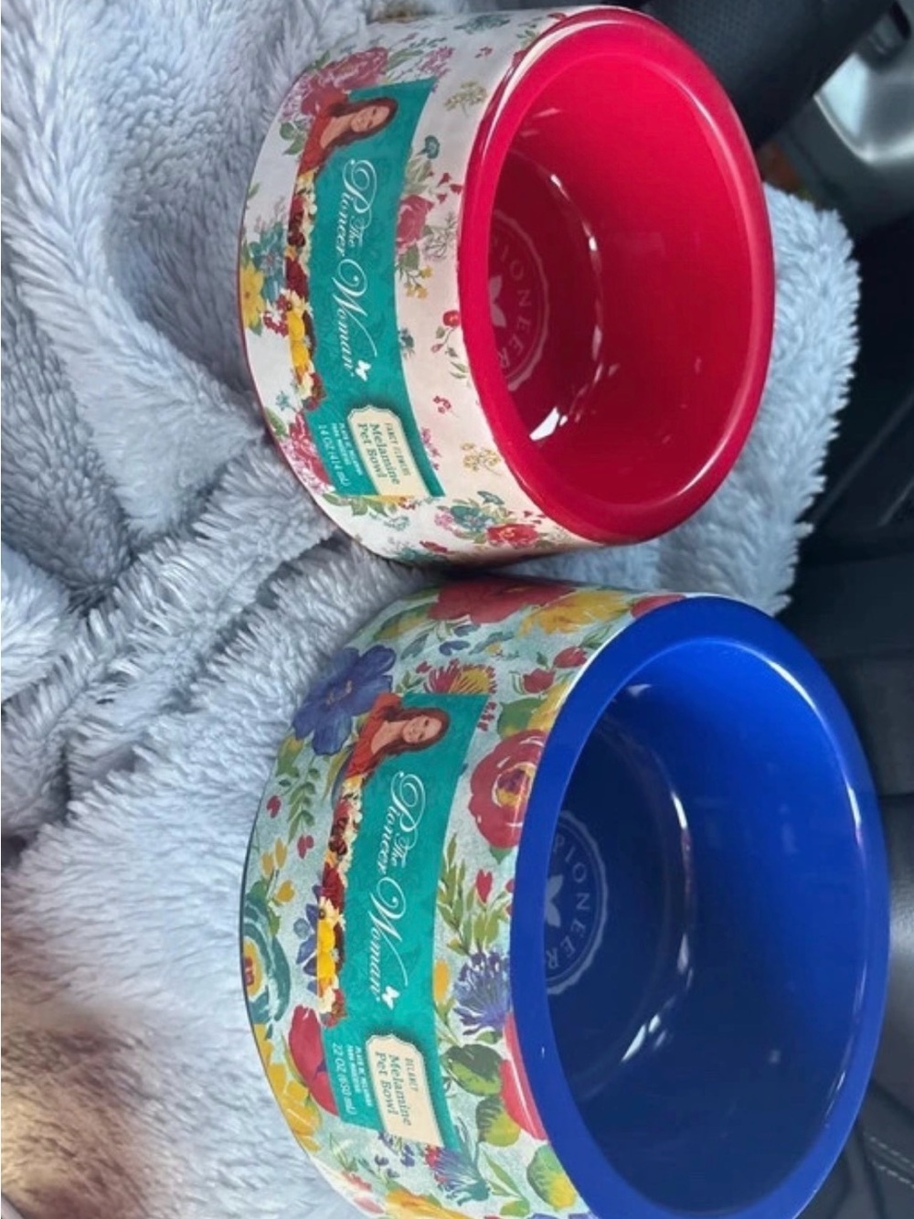 The Pioneer Woman Floral Ceramic Pet Bowls with Red and Blue Interiors